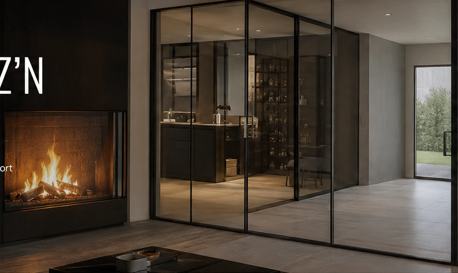 Moderne glazen brandscheiding in interieur